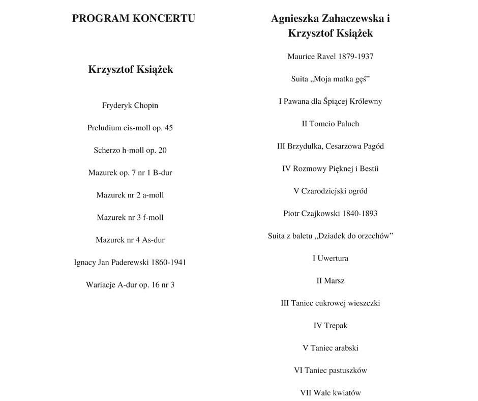 PROGRAM KONCERTUKrzysztof KsiążekFryderyk ChopinPreludium cis-moll op. 45Scherzo h-moll op. 20Mazurek op. 7 nr 1 B-durMazurek nr 2 a-mollMazurek nr 3 f-mollMazurek nr 4 As-durIgnacy Jan Paderewski 1860-1941Wa